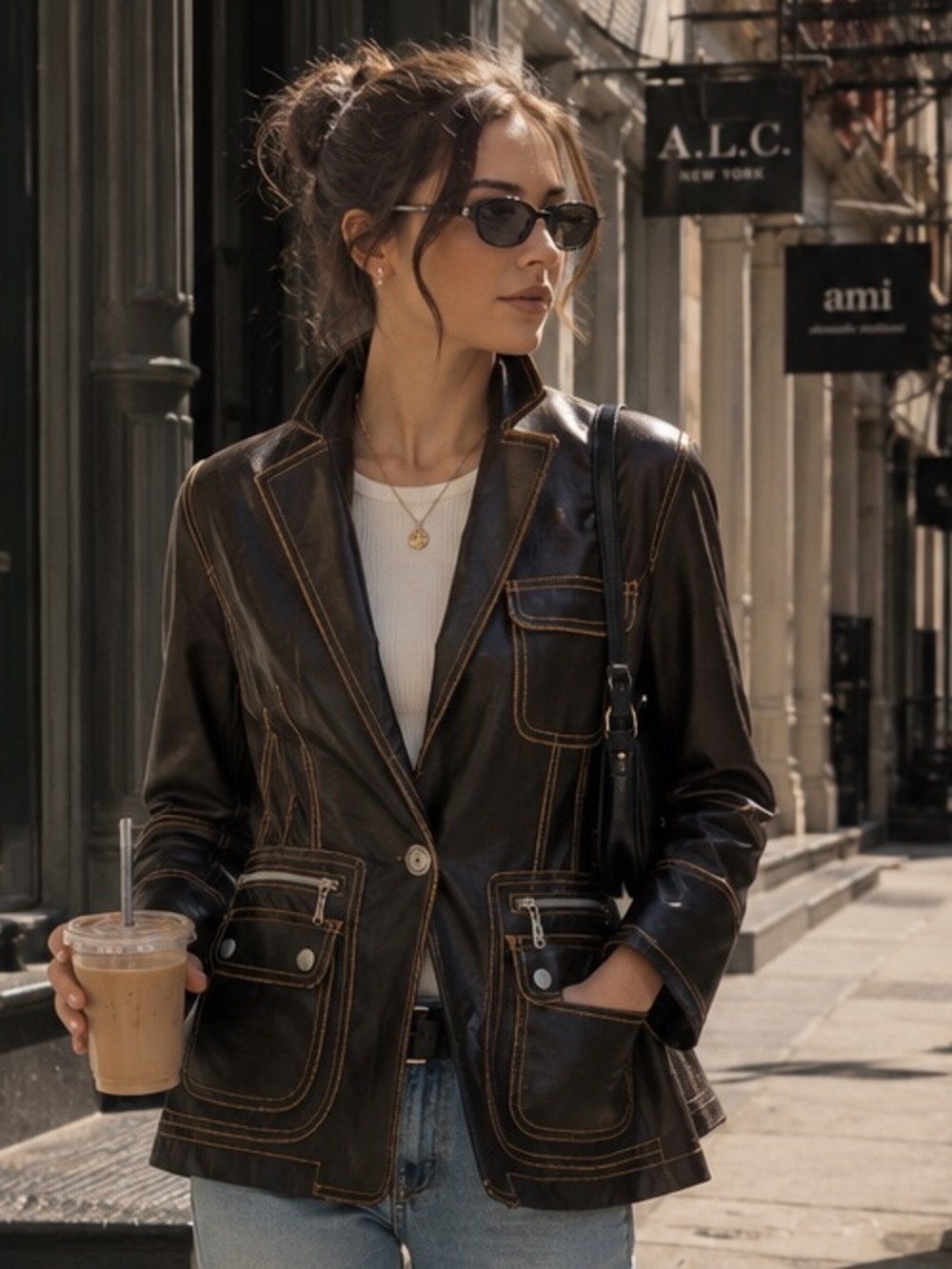 MARCELLE RENEE Minimalist Luxury Dark Brown Faux Leather Moto Jacket, M